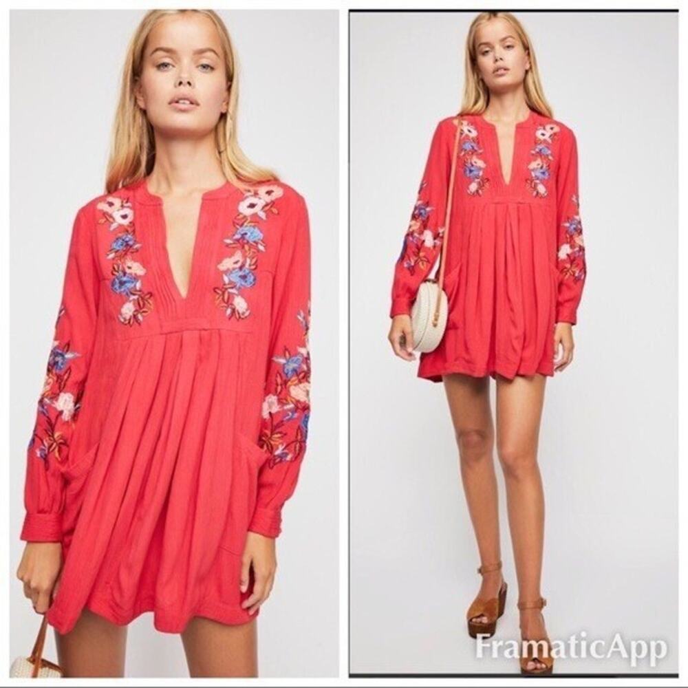 Free People Red Floral Embroidered Mini Dress